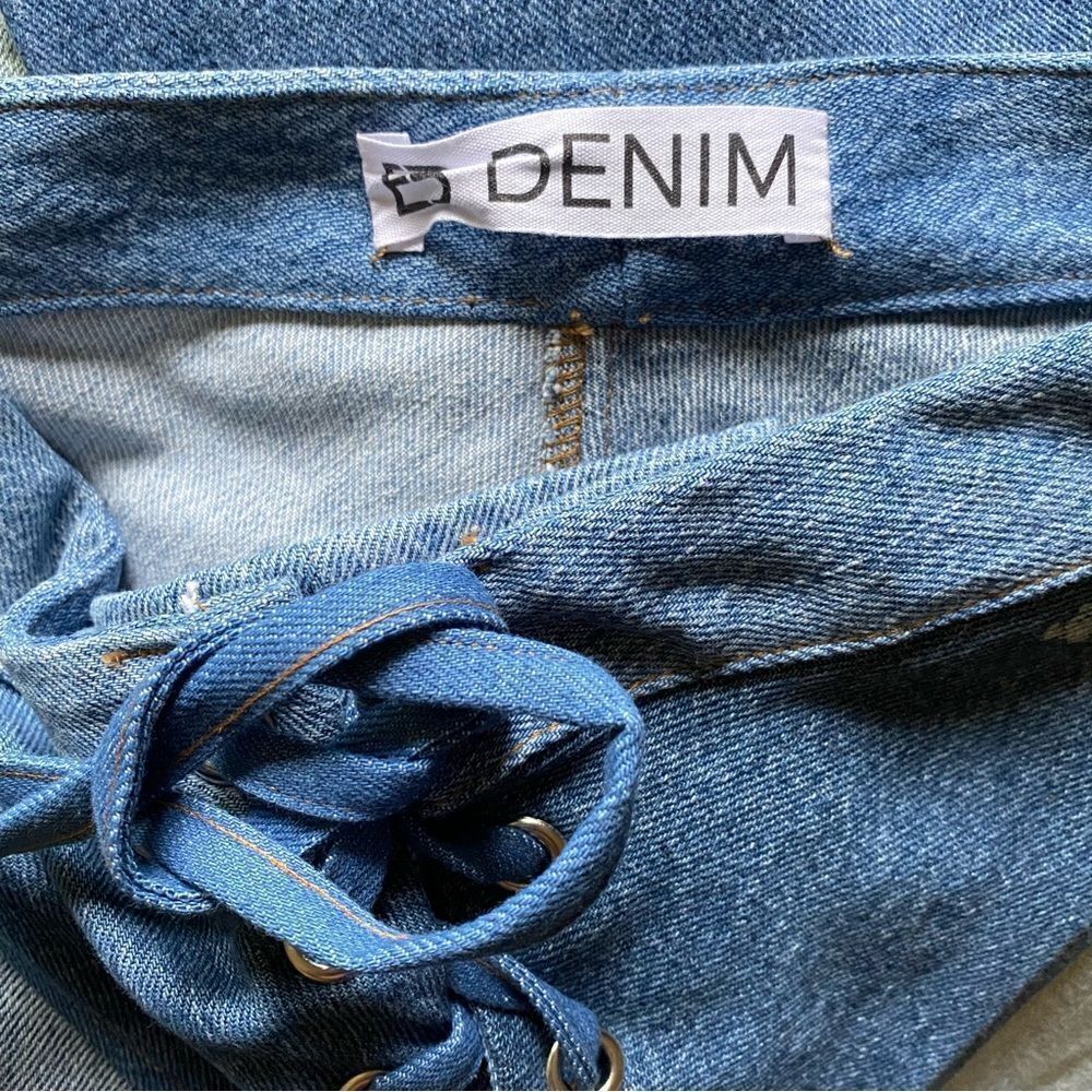 EB Denim Lace up jeans blue patchwork straight leg flares Revolve Sz 2 / S $385 - Picture 11 of 15